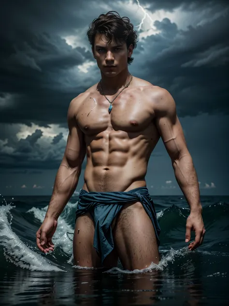 ((masterpiece)),((best quality)),8k, high detailed, ultra-detailed, Stylish Pose, real skin texture, dark cinematic lighting, 18-year-old italian male model, handsome, cute looking, divine look, powerful light blue eyes, Poseidon god, god of the seas, Nept...