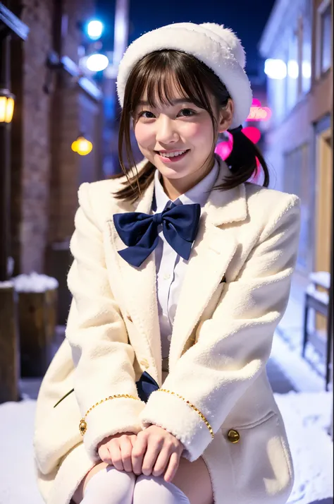 girl in snowy town street with colorful illumination,white knitted hat,white shirt with red bow tie,white leggings,navy blue long coat,red gloves,18-year-old,bangs,a little smile,thighs,knees,short cut hair,poneytail,from below