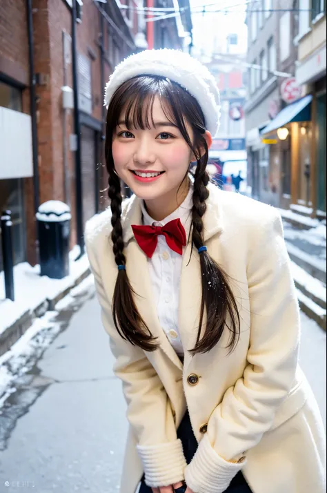 girl in snowy town street with colorful illumination,white knitted hat,white shirt with red bow tie,white leggings,navy blue long coat,red gloves,18-year-old,bangs,a little smile,thighs,knees,short cut hair,poneytail,from below