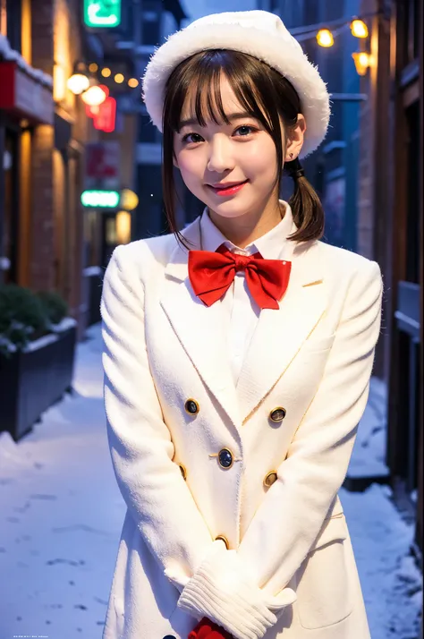 girl in snowy town street with colorful illumination,white knitted hat,white shirt with red bow tie,white leggings,navy blue long coat,red gloves,18-year-old,bangs,a little smile,thighs,knees,short cut hair,poneytail,from below