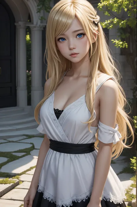 8K,a 14 year old girl,very small breasts,Blonde girl in white and black maid dress looking at camera, white and black maid long skirt,Blue eyes,very small breastsのメイド,Super beauty(Like the real thing)realistic 3 d style, very small breastsの美しい乙女, Photoreal...