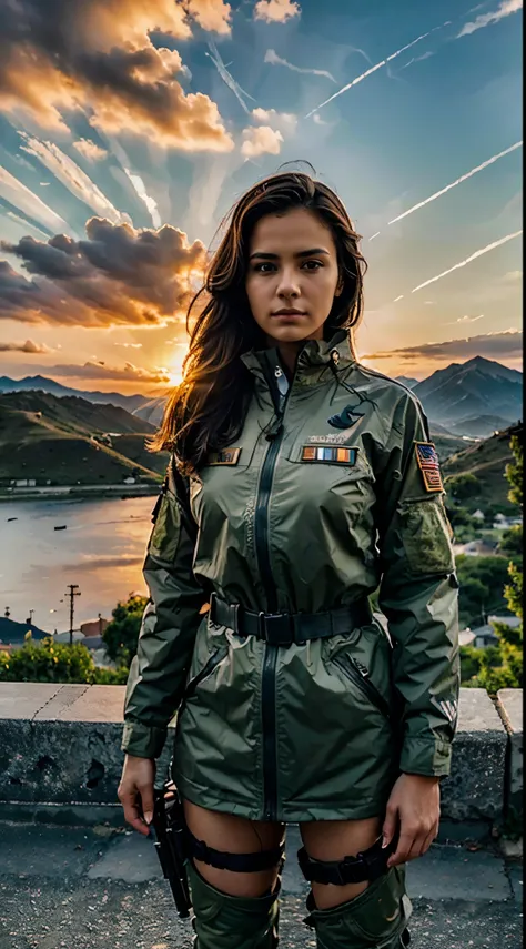 Hd master piece, one standing military woman, looking at the camera, detailed face, clear sky, and sunset, mountains background