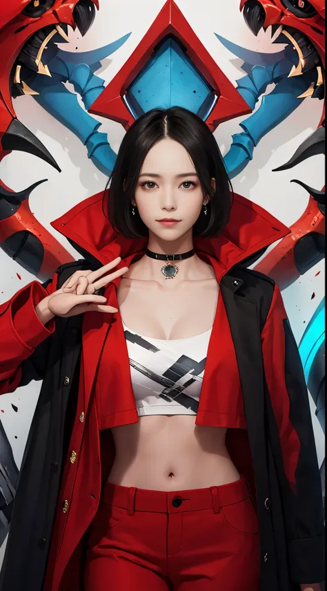 (masutepiece, Best Quality, 1girl in, Solo, Fine detail, chromatic abberation), Realistic, (Medium Breath)), pixie short hair, Sharp eyes, Choker, Open coat, (Symmetrical eyes), (Perfectly symmetrical body), Graffiti, Illuminated Background, Looking at the...