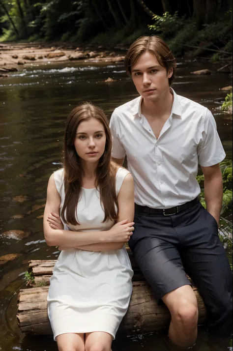 a white woman of normal build with brown hair in a dress and a white man in a suit with brown hair are sitting on a log in a dark forest on the bank of a stream, full-face