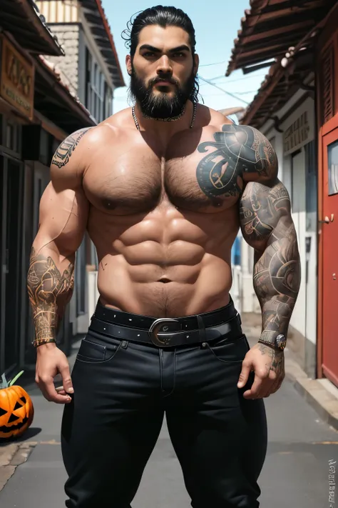 Homem tatuado, cabelos longos, corpo gigantesco, musculos grandes, abidominais cortados, peitoral imenso, biceps imensos, barbudo, barba preta, Jason momoa, olhos azuis, Jason momoa como conan, jason momoa, muito forte, zeus robusto, sons of anarchy, roque...