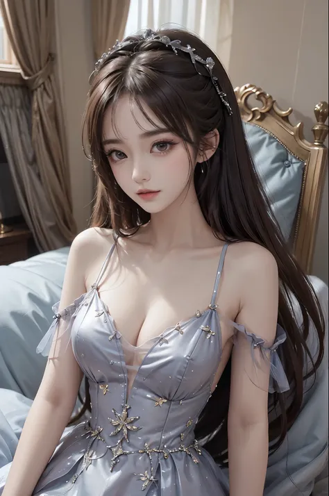 long dress,bare shoulders, Best quality,Ultra-detailed,Realistic,A high resolution,Portrait,Beautiful woman, Palatial bed,ornate bed,Flawless makeup,suns rays,Beauty,elicate and refined,Stunning,