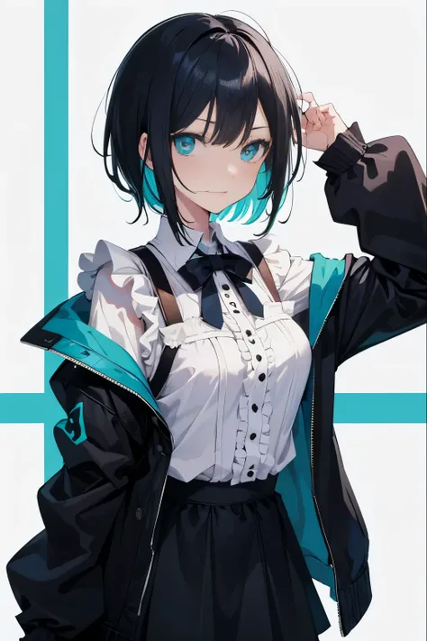 (masutepiece:1.2, Best Quality),  [1 girl in, expressioness, (Turquoise eyes;1.3), front facing, jet-black hair, half short cut hair,straight hair, Jacket is taken off, Cafe Apron,black frill skirt,] cowboy shot,