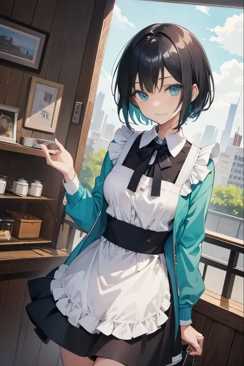 (masutepiece:1.2, Best Quality),  [1 girl in, expressioness, (Turquoise eyes;1.3), front facing, jet-black hair, half short cut hair,straight hair, Jacket is taken off, Cafe Apron,black frill skirt,] cowboy shot,