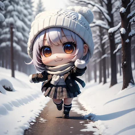 ​masterpiece、top-quality、ultra-detailliert、(Chibi Chara:1.27),On the way off school, The white bob sways in the wind,knit hat,glen plaid miniskirt,high socks,Trench coat for the winter,fairy tale snow forest,a smile,running happily