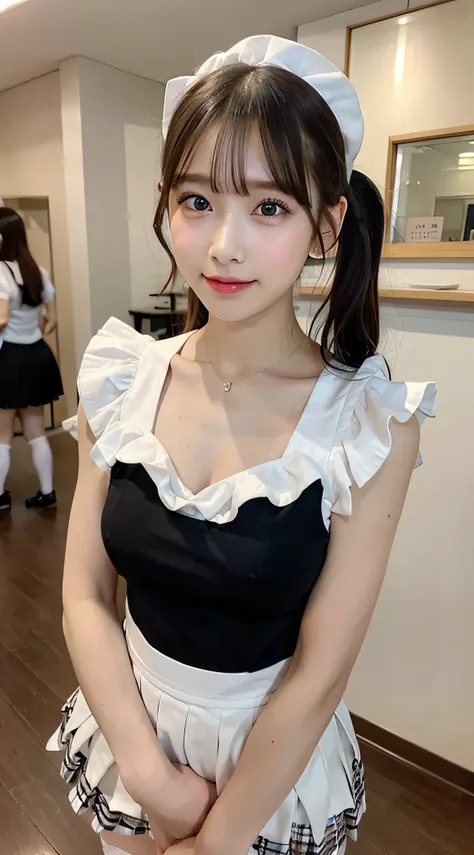 (1young girlrown hair, Amazing face and eyes, Pink eyes, seducting smile, (Maid café costume with frills, Pleated mini-skirt:1.5), (Wide open maid cafe costume:1.2), bared  chest, (amazingly beautiful girl), Brown hair, Stylish hair ornamen Quality:1.4), (...