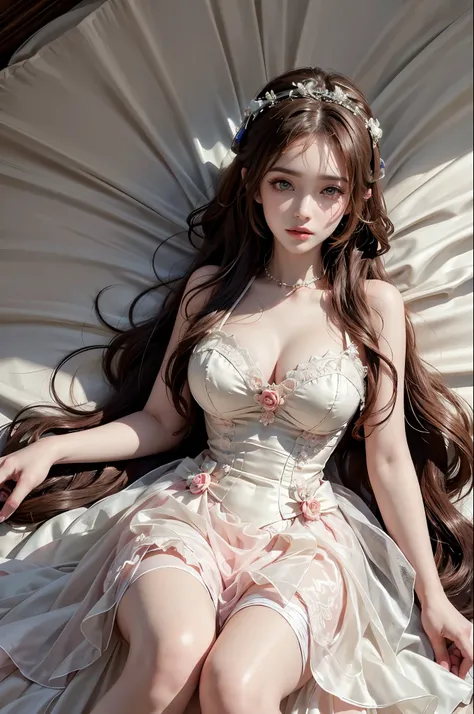 Romantic Rosette dress2, Best quality,Ultra-detailed,Realistic,A high resolution,Portrait,Beautiful woman, Palatial bed,ornate bed,Flawless makeup,suns rays,Beauty,elicate and refined,Stunning,