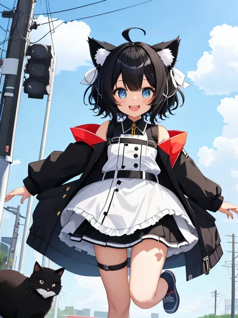 1girl with, Open mouth, Smile, Virtual Youtuber、girl with、((Best Quality, high_resolution, Distinct_image)),(Black hair), (Black cat ears), (Ahoge), (absurdly short hair), (Wavy Hair), (Blue eyes),、A smile、((concept-art))、Dressed in uniform。((Arms at sides...