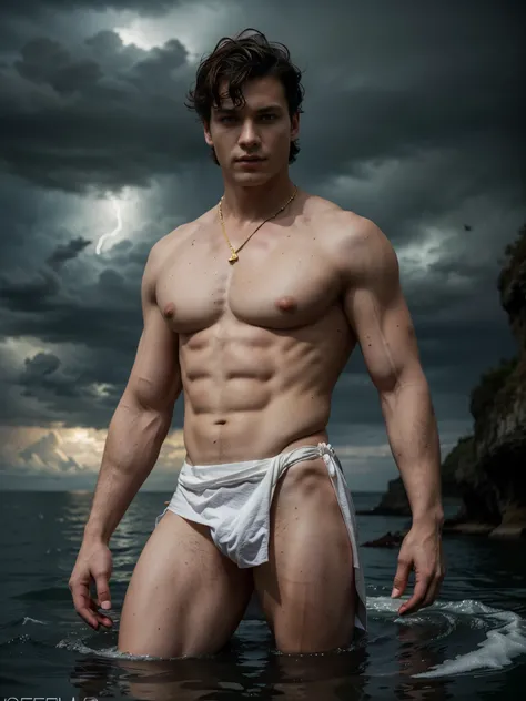 ((masterpiece)),((best quality)),8k, high detailed, ultra-detailed, Stylish Pose, real skin texture, dark cinematic lighting, 18-year-old italian male model, handsome, cute looking, divine look, powerful light blue eyes, Poseidon god, god of the seas, Nept...