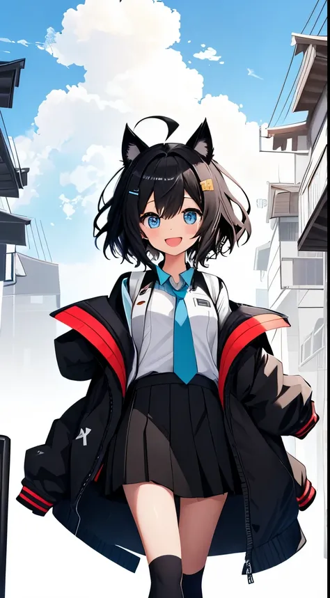 1girl with, Open mouth, Smile, Virtual Youtuber、girl with、((Best Quality, high_resolution, Distinct_image)),(Black hair), (Black cat ears), (Ahoge), (absurdly short hair), (Wavy Hair), (Blue eyes),、A smile、((concept-art))、Dressed in student uniform。((Arms ...