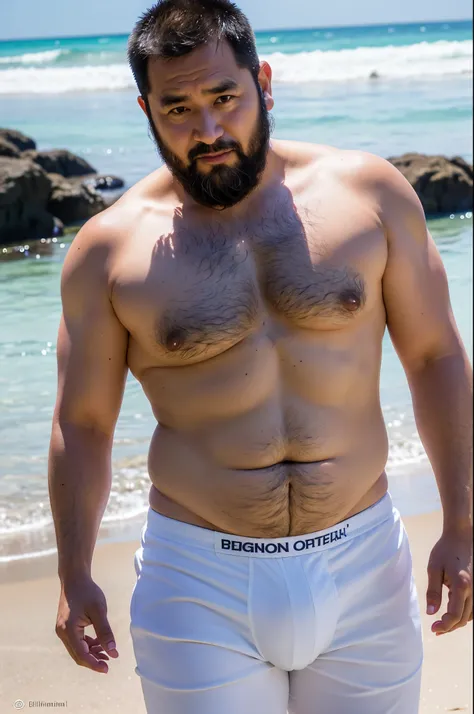 1man, 
up to 30 and.o A middle-aged Asian man with a chubby build and no shirt. Wear white underwear..., Take a walk on the beach there.&#30;beard, Soft light., 
masterpiece, bestquality, 8k UHD, DSLR, grain of film, Fujifilm XThotoreistic realistic art il...