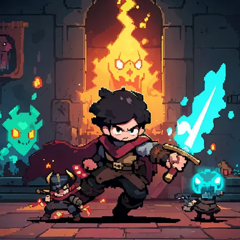 Image of a man holding a sword in a room, Roguelike, Roguelike style, 2d game fanart, in the art style of and Mumford, el bosco and and Mumford, rpg game style, and Mumford. Virtual rendering, Angry character waving sword, ( ( ( ( ( and Mumford ) ) ) ) )