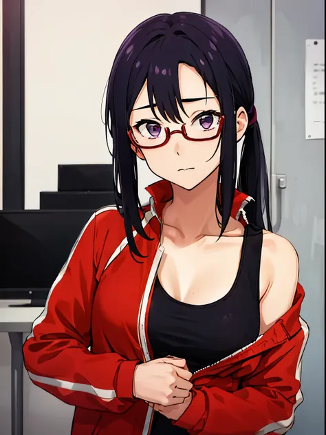 1girl, satou sakie, black hair, purple eyes, glasses, red track jacket, black tank top, open clothes