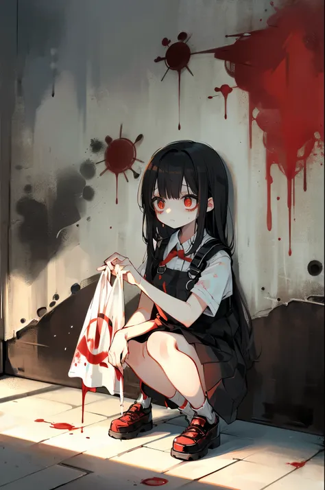 ((use white, black and red))、A girl exploring an abandoned hospital、Scared、Overall dark、flash lights、squat down holding your head、Blood splashes on the walls