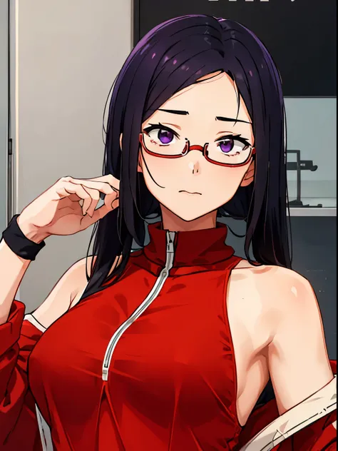 1girl, satou sakie, black hair, purple eyes, glasses, red track jacket, black tank top, open clothes