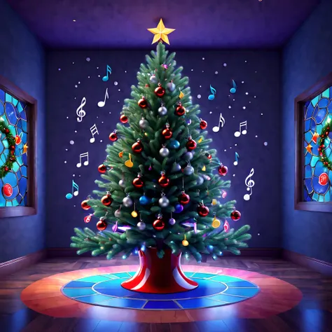 stained glass style，(christmas，santa，Christmas tree，Music，musical note，syllable，microphones)，There are gifts everywhere on the floor, Cute 3d rendering, Snowflake cover, Rendered in Cinema 4D Octane, blender art, Cinema 4D color rendering, 非常Detailed pubic...