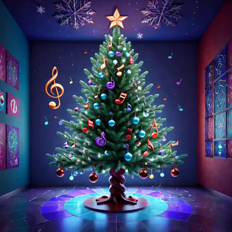 stained glass style，(christmas，santa，Christmas tree，Music，musical note，syllable，microphones)，There are gifts everywhere on the floor, Cute 3d rendering, Snowflake cover, Rendered in Cinema 4D Octane, blender art, Cinema 4D color rendering, 非常Detailed pubic...