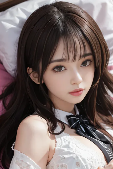 ((Girl lying on bed with head up)),(A hyper-realistic)、(illustratio)、(hight resolution)、(8K)、(ighly detailed)、(ベストillustratioレーション)、(beautifully detailed eyes)、(top-quality)、(ultra-detailliert)、(​masterpiece)、(wall-）、（A detailed face）、独奏、1 girl in、looking ...