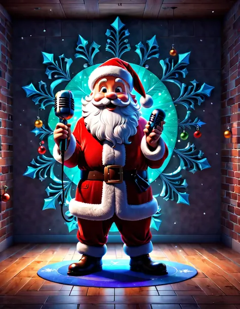 stained glass style，(christmas，Santa Claus holding microphone，Music，note syllable surround)，There are gifts everywhere on the floor, Cute 3d rendering, Snowflake cover, Rendered in Cinema 4D Octane, blender art, Cinema 4D color rendering, 非常Detailed pubic ...