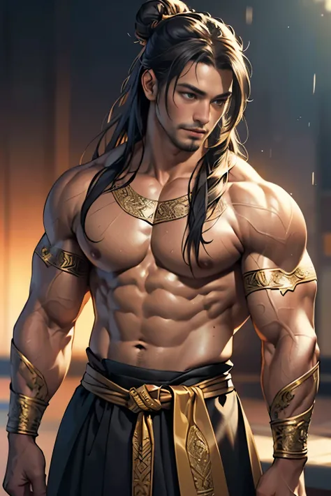 (realistic:1.3), insane detailed, quality, (masterpiece:1.2), (photorealistic:1.2), (best quality), (detailed skin:1.3), (intricate details), ray tracing, ((1male)), (((1 person))), 40 years old, long bun hair, muscular, thai outfit, (blurred background)