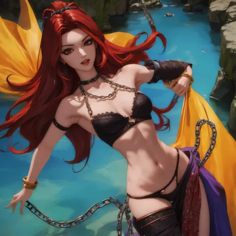 (quality, masterpiece, colorful, dynamic angle, highest detailed) (official art, extreme detailed, highest detailed)ression, long dark red hair, small breasts, mischievous eyes, wearing pelvic curtain, black clothes, chains, bracelets all over arms, (((ve...