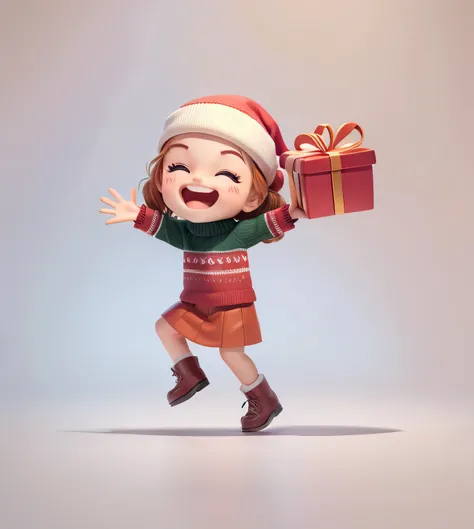 This image depicts a character holding a gift box. The character wears festive Christmas attire, including a Santa hat, patterned sweater, and turtlenecks. Looking at the picture, the character looks very happy with a wide smile and open hands. The image b...