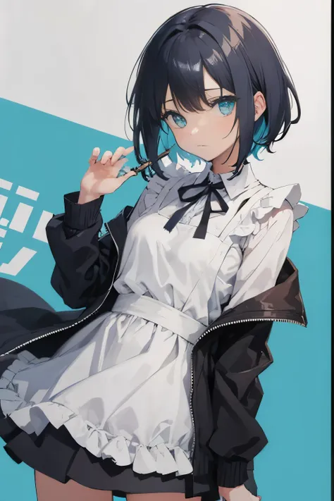 (masutepiece:1.2, Best Quality), [1 girl in, expressioness, (Turquoise eyes;1.3), front facing, jet-black hair, half short cut hair,straight hair, Jacket is taken off, Cafe Apron,black frill skirt,] cowboy shot,