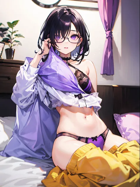 Female, 18 years old, purple-black hair trailing down to cover one eye sexy floral underwear bedroom purple eyes Wear round glasses