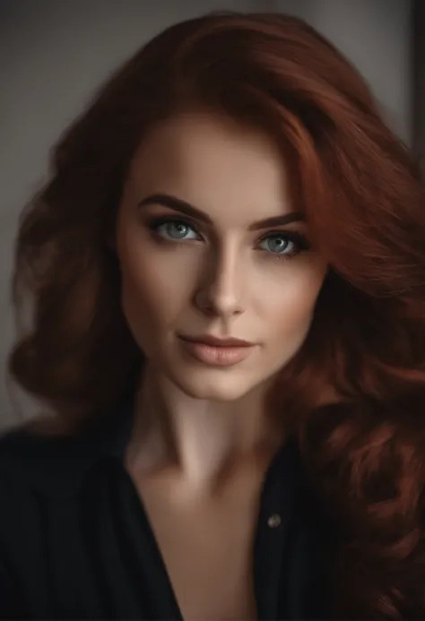 arafed woman with black clothes,  with grey eyes, portrait, red hair and large eyes, selfie of a young woman, bedroom eyes, violet myers, without makeup, natural makeup, looking directly at the camera, face with artgram, subtle makeup, stunning full body s...