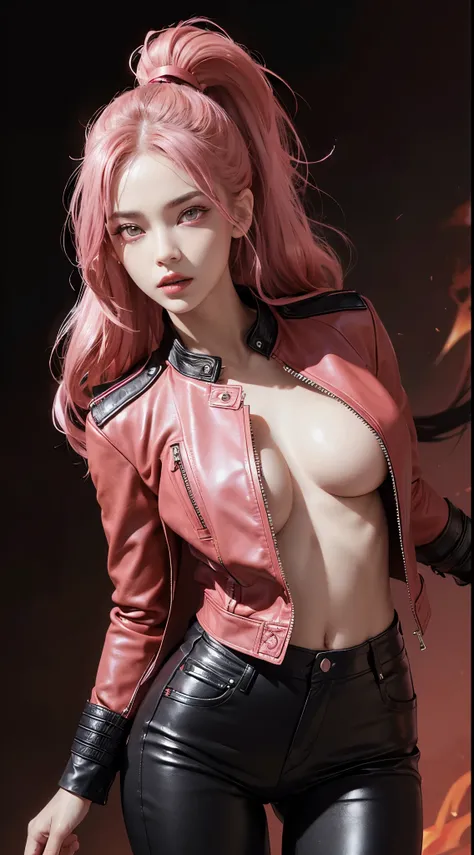 1 woman,masutepiece,Best Quality,High contrast,((Perfect Eye)),((Pink eyes)),((Perfect face)),parted_Lips,((red color flame background)),(Black leather jacket),(Black leather pants),Ponytail,8K,