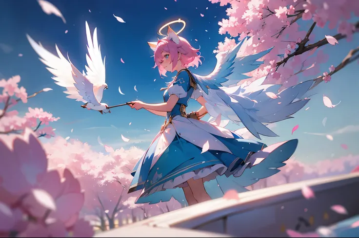 A teenage girl，adolable，Angel style，light blue feathers，A blue halo on the head，Alone，The best picture quality，Pink cherry blossom petals flying，Short，Stand on the throne，fox ear