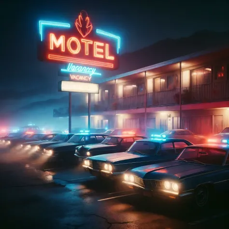 cars parked in front of a motel at night with a neon sign, misty neon lights, foggy neon night, beeple and tim hildebrandt, dreamy soft neon lights, beeple. hyperrealism, realism | beeple, artem demura beeple, cinematic neon matte painting, recusion beeple...