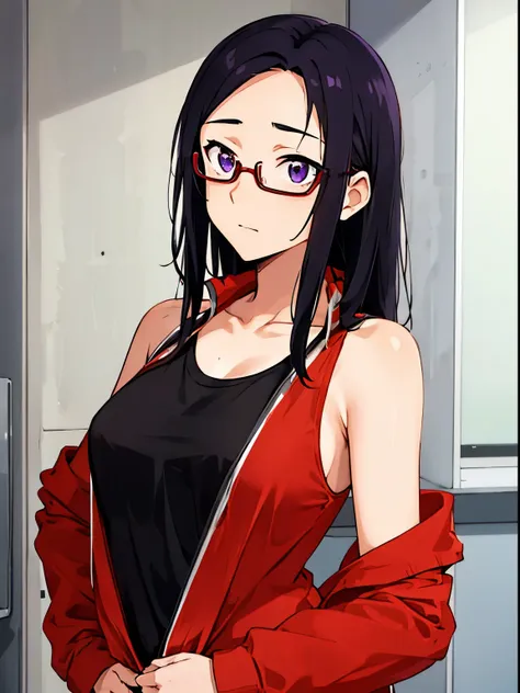 1girl, satou sakie, black hair, purple eyes, glasses, red track jacket, black tank top, open clothes