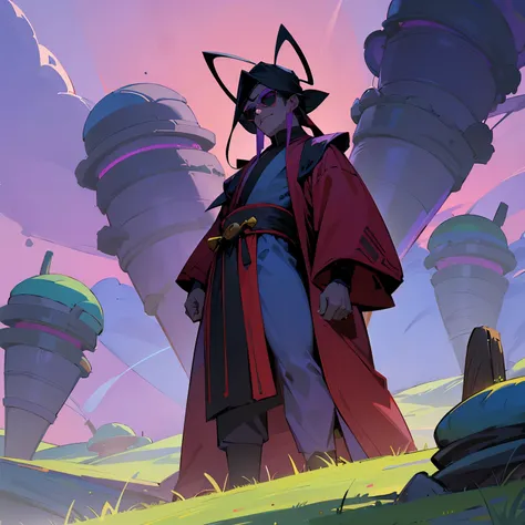 Green grass , Purple Sky Background , Blue Skin , Black Turban , Black Antennae , Black Sunglasses , King Kai , Red Chinese Robe