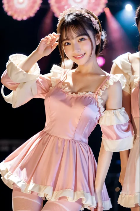 ulzzang -6500-v1.1, (Raw photo:1.2), (Photorealsitic), a beautiful detailed girl, (Real: 1.4), ighly detailedな目と顔, beatiful detailed eyes, ((Greetings on stage, Moe Pose:1.3)), Standing with legs open, ((pink satin lolita dress:1.3))、((Ultra-realistic pant...