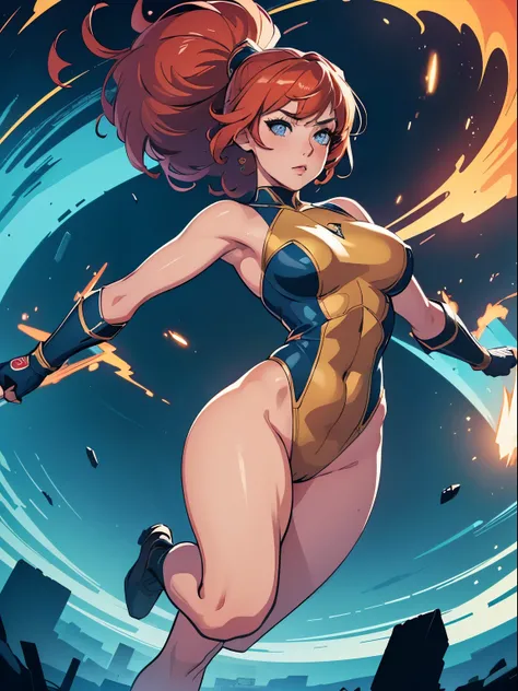 (best quality,4k,highres,masterpiece:1.2),ultra-detailed,superhero,mature lady,bare legs,gloves, leotard,twirling into a hurricane,illustration,vivid colors,dramatic lighting