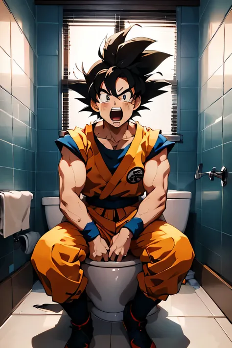 High quality, high quality, (masterpiece), best quality, expressive eyes, dragon ball,PESonGoku, Anime, (Sitting on Toilet), in extreme pain , screaming，son goku，male