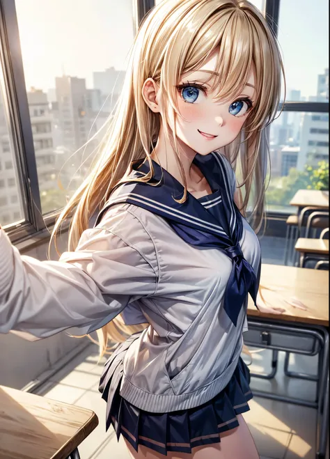 absurderes, ultra-detailliert,bright colour,(8K:1.5),masuter piece,Detailed skin,Small breasts,Inside the classroom,Evening glow,beauitful face,blurry backround,a beauty girl,shinny skin、Side Up、Beautiful blonde hair、Pattsun bangs,(Deep Blue Eyes:1.3),(Kat...