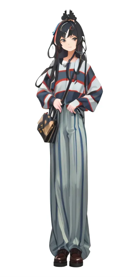 A long-haired girl in a striped shirt, !!full body portrait!!, single character full body, Wear it for a long time, Flowing clothes, anime full body illustration, full body!!, fullbody portrait, fullbody commission for, full body illustration, full body pi...