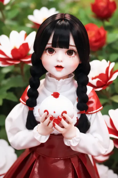 photoRealstic、((use white, black and red))、soft vinyl mini cute doll、((Emphasize the softness of the doll))、Yawning face、In a cute pose、up of face、Eye Up、put hands forward、There are also flowers in the foreground...、season!!: 夏天☀ 🍂