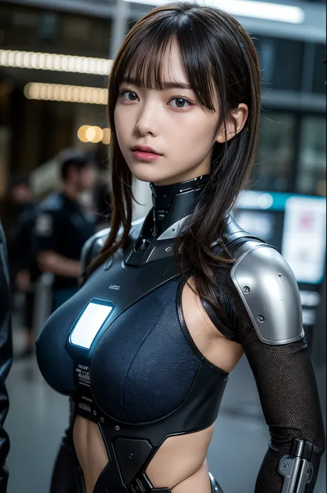 fully body photo, humanoid machine woman, half human、half machine futuristic suit, comes with power cord, a blue light shines in...