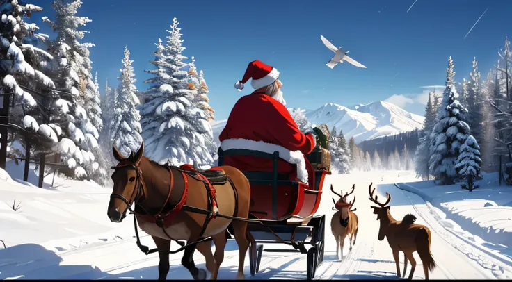 Christmas atmosphere Santa Claus sitting in his sleigh，4 elk pulling the sled，The back of the sled is loaded with gifts and it is coming towards me. Facing right, there are gifts flying in the background.