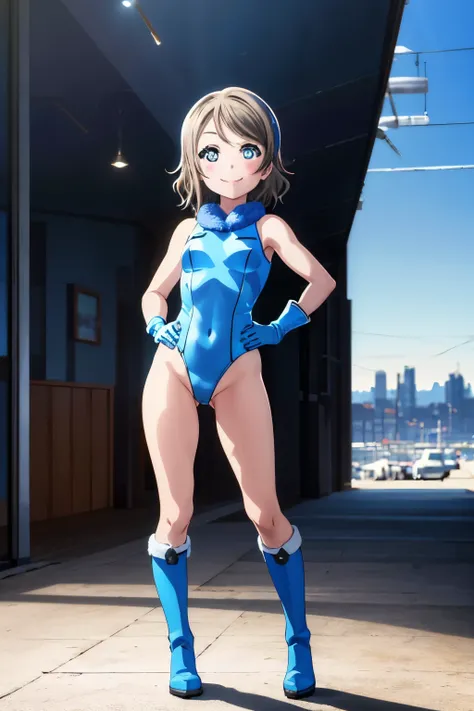 watanabe you, masterpiece, best quality, highres, 1girl, solo, superhero, leotard, bare legs, boots, matching boots, sleeveless, gloves, matching gloves, looking at viewer, city backdrop, blue and white leotard, standing, hands on hip, full body shot, smil...