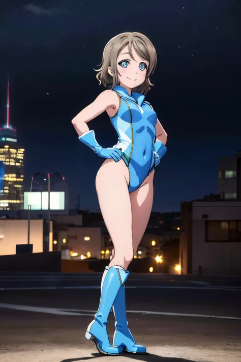 watanabe you, masterpiece, best quality, highres, 1girl, solo, superhero, leotard, bare legs, boots, matching boots, sleeveless, gloves, matching gloves, looking at viewer, city backdrop, blue and white leotard, standing, hands on hip, full body shot, smil...