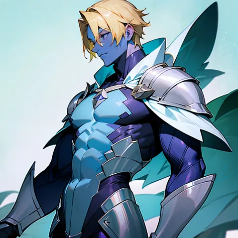 Blue Skin, Blonde Hair, Blue Grass Background,Pale Green Skin, Armor Piece , Muscular , Purple Body Suit , White Poncho , 1male , Adult Male