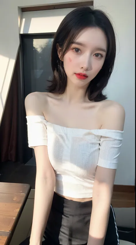 best qualtiy，realisticlying，8k，A high resolution，woman，(Complicated details:0.8), (HighDynamicRange, the ultra-detailed:1.2), allure, Off the shoulder T-shirt,harf,Patterned,Lace,Gauze skirt,((sunshine on face，Front light source)),（Place your arms behind y...